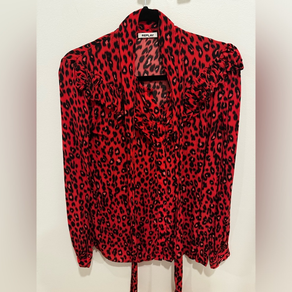 Replay Tie Neck Long Sleeve Animal Print Blouse
